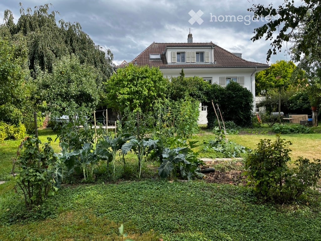 A well-maintained garden with a variety of plants and vegetables, surrounded by a white house with a red-tiled roof and multiple windows.