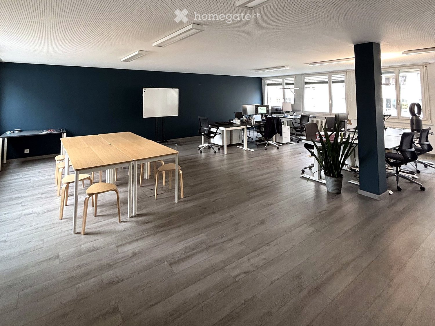 Office space with wooden floor, large windows, whiteboard, tables, chairs, and a potted plant.