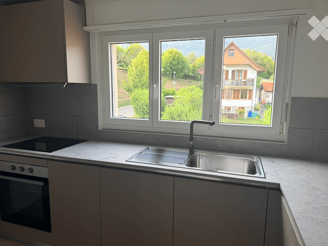 Modern kitchen with a large window overlooking a green area, featuring a stainless steel sink, faucet, stove, and oven.