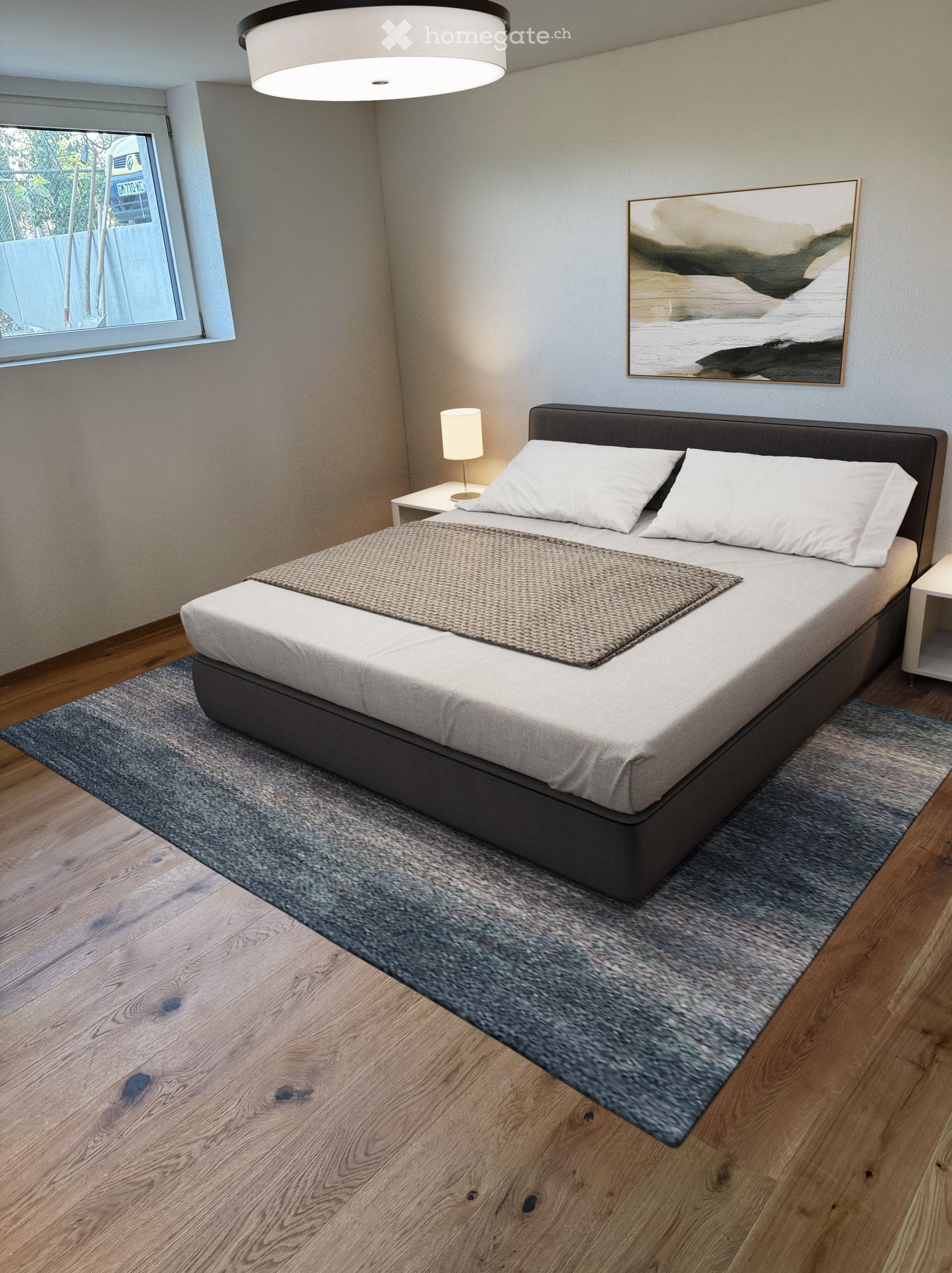 Bed, pillows, blanket, nightstands, lamp, painting, carpet, wooden floor, window