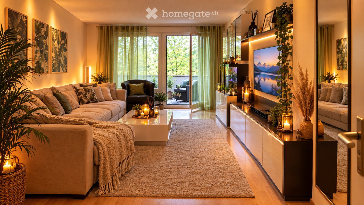 Modern living room with a large sectional sofa, coffee table, armchair, TV, and decorative plants.