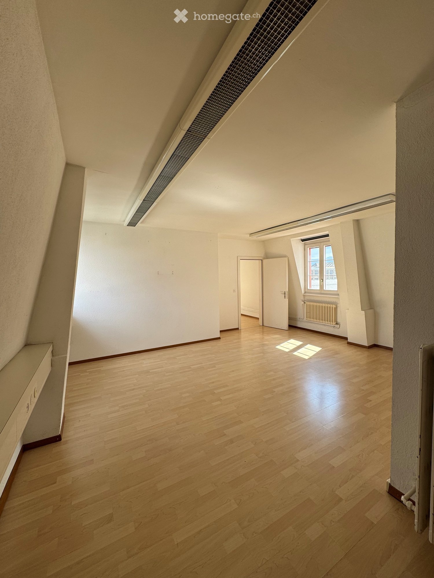 Empty attic room with wooden flooring, white walls, and a skylight window. The space features a slanted ceiling and a small window with a view.