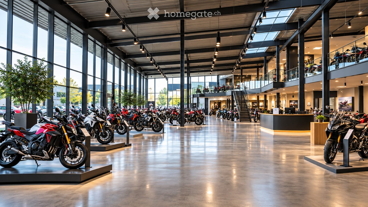 Modern showroom with multiple motorcycles displayed on platforms, large windows, and a staircase leading to an upper level.