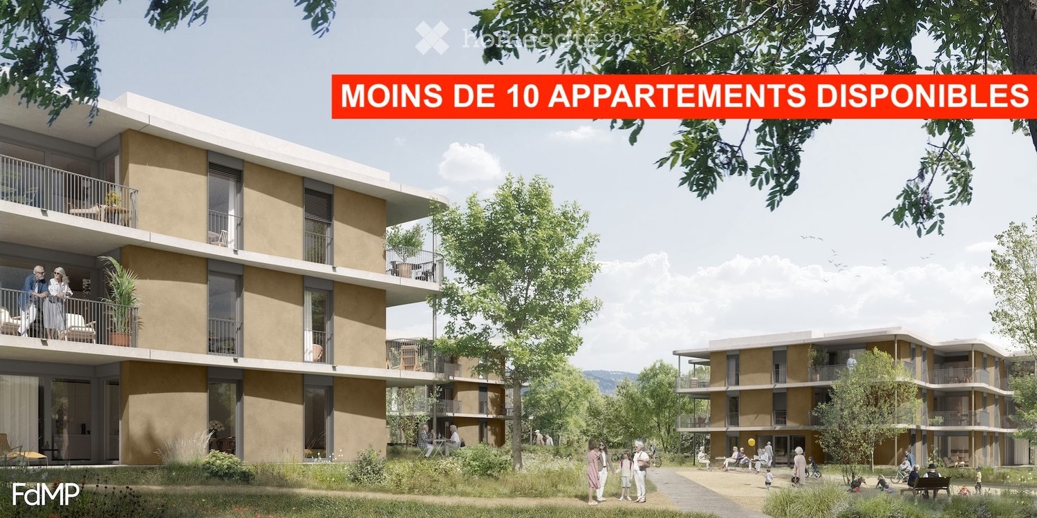 Modern multi-story residential building with balconies, surrounded by greenery and people enjoying the outdoor area.
