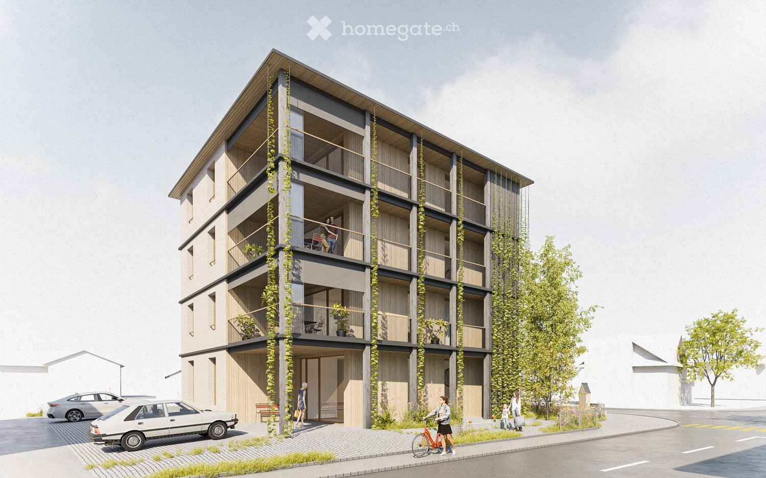 Modern multi-story building with balconies, greenery, and a contemporary design. The structure features a combination of wood and concrete, with large windows and a sloped roof. There are several balconies adorned with plants and furniture, and a few peop