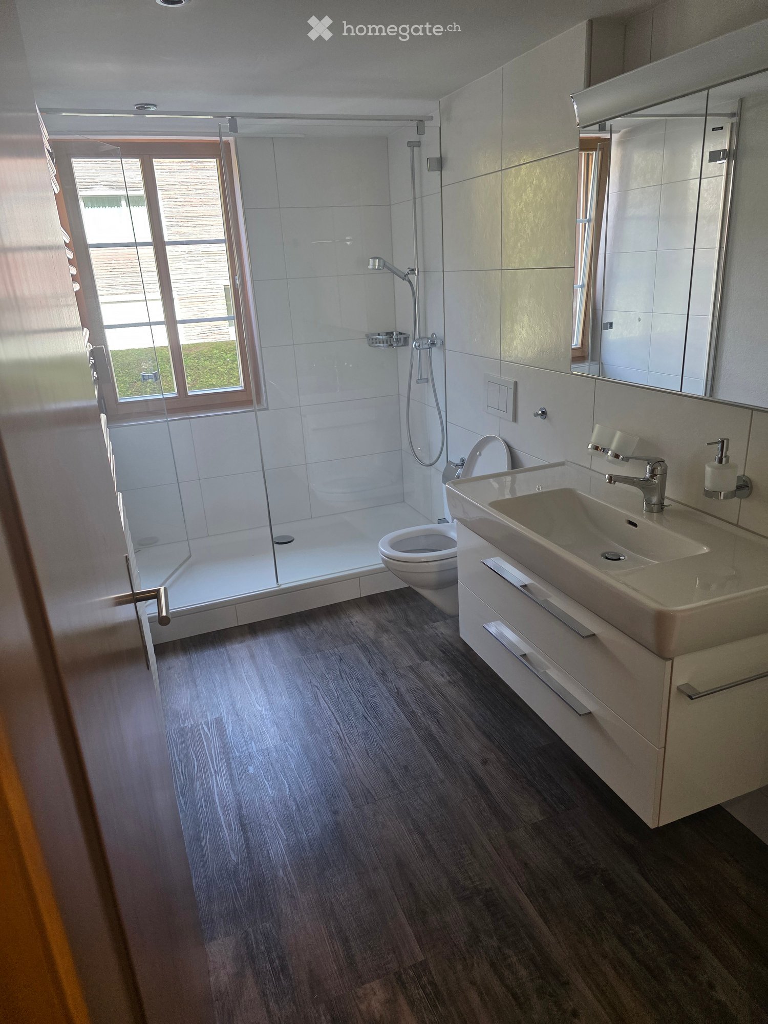 Modern bathroom with wooden flooring, a large sink with a modern faucet, a toilet, a glass-enclosed shower, and a large mirror above the sink.