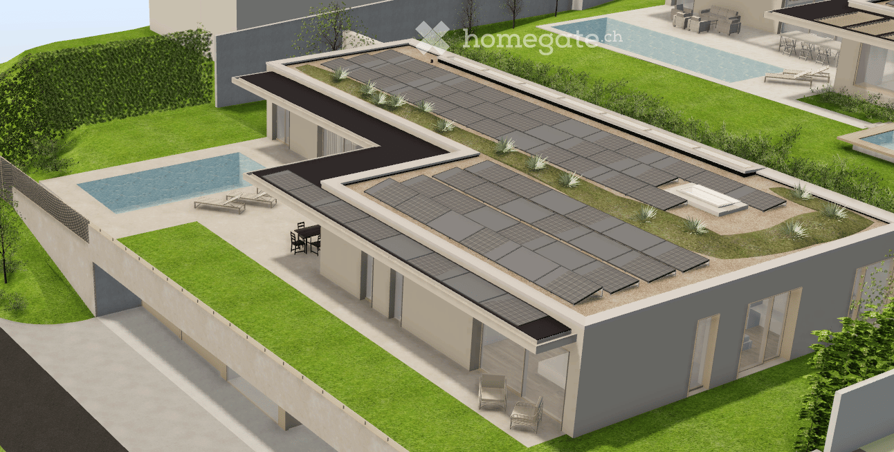 Modern house with a rooftop terrace featuring solar panels, a swimming pool, and outdoor seating areas.