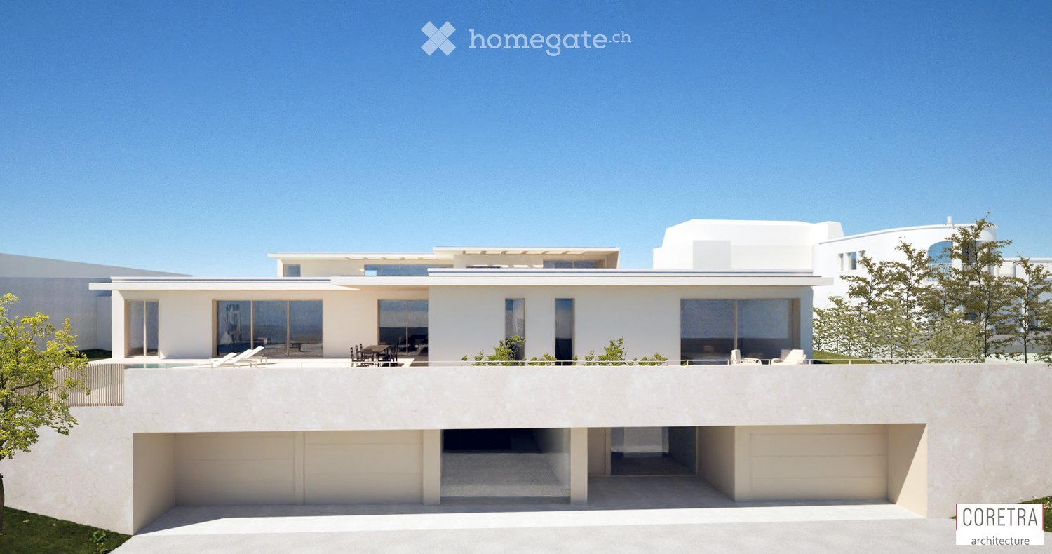 Modern two-story house with white exterior, large windows, garage, and swimming pool on the rooftop terrace.