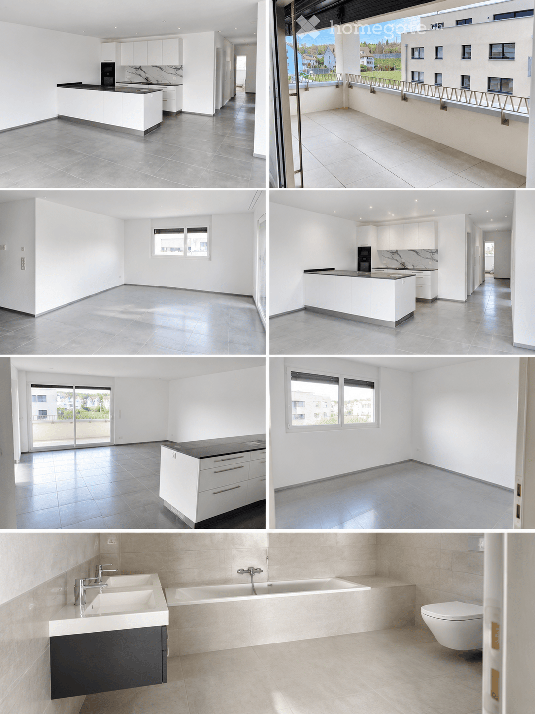 The collage displays multiple unfurnished rooms including a kitchen, living space, balcony, and bathroom. All rooms feature modern, minimalist design with white cabinets, tiled floors, and large windows. The kitchen has a central island, the living space