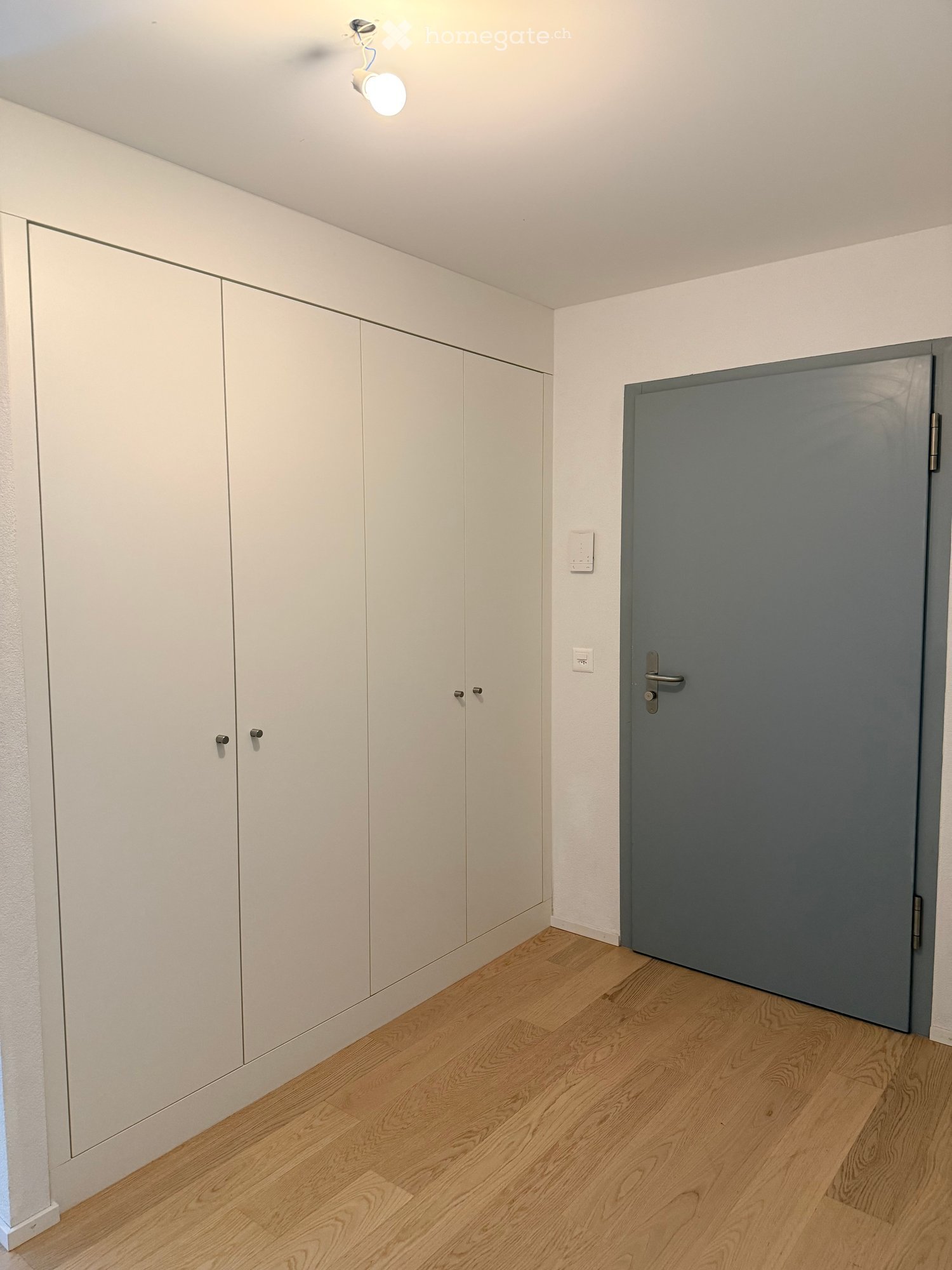 Empty room with light wooden flooring, white built-in wardrobes, and a grey door.