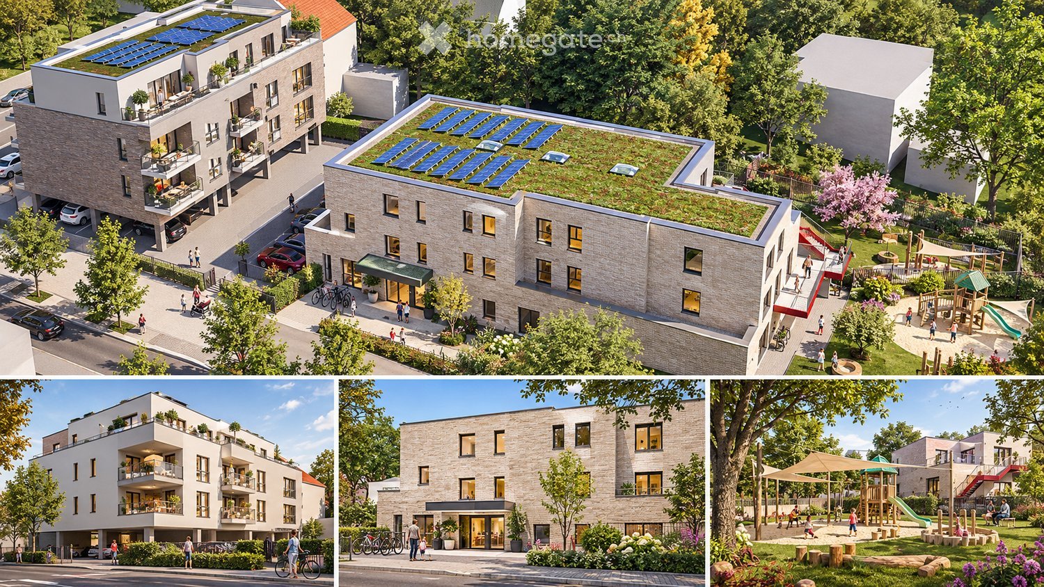 A modern multi-story residential building with balconies, solar panels on the roof, and a landscaped courtyard with playground equipment and greenery.