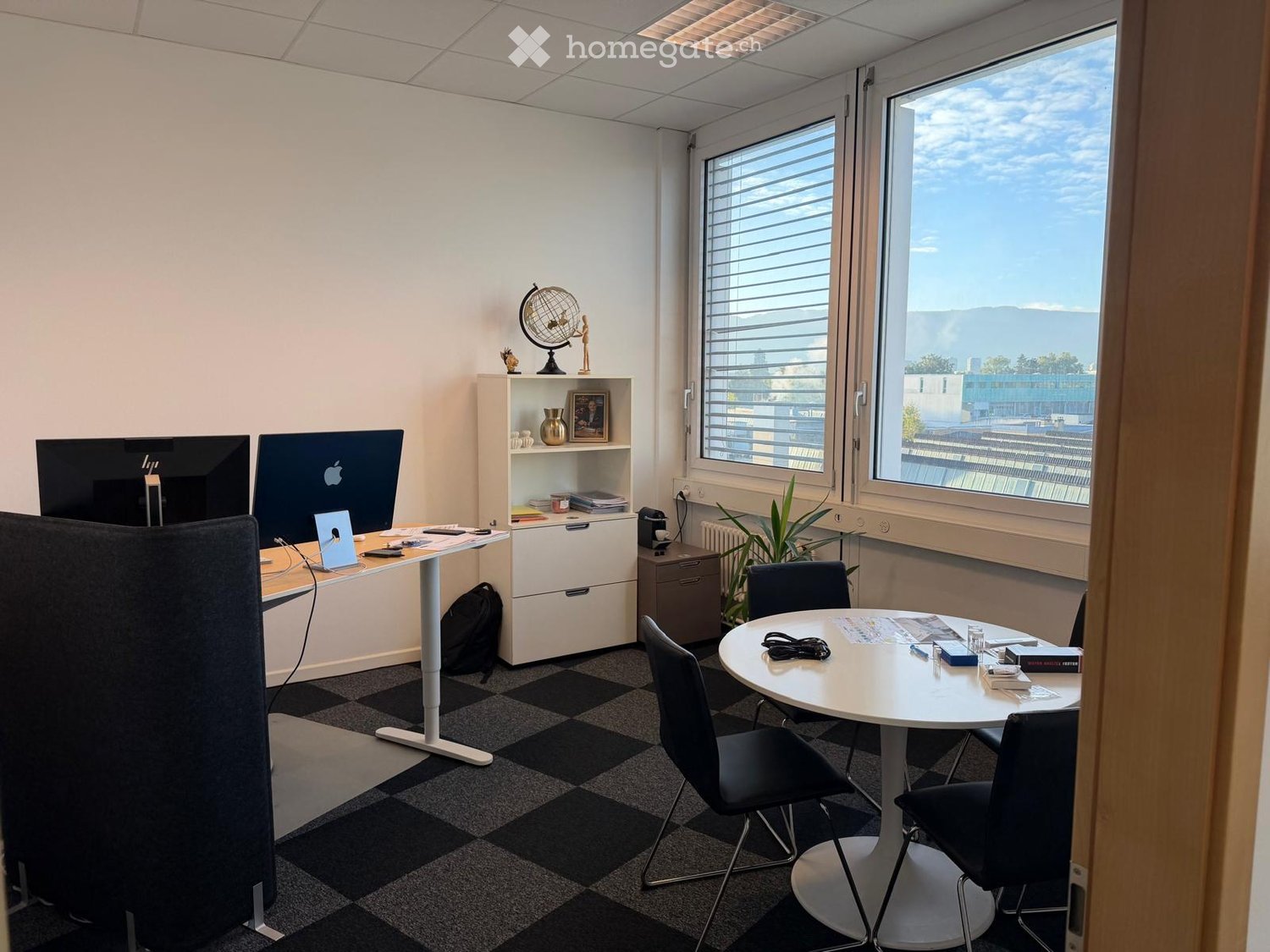 Office space with a standing desk, two computer screens, a round meeting table with chairs, a shelf with decorative items, and a potted plant near the window.