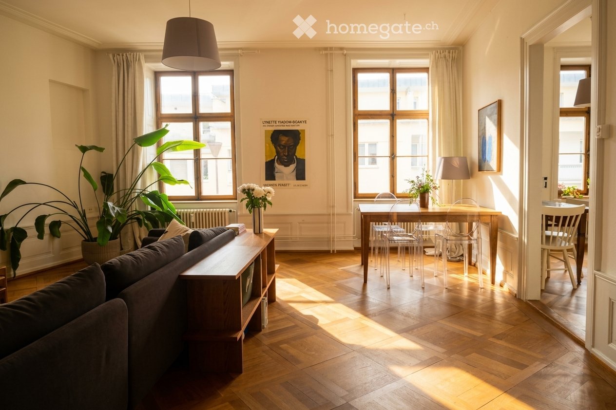 Bright living and dining area with wooden flooring, large windows, a sofa, coffee table, dining table with chairs, pendant light, table lamp, and decorative plants.