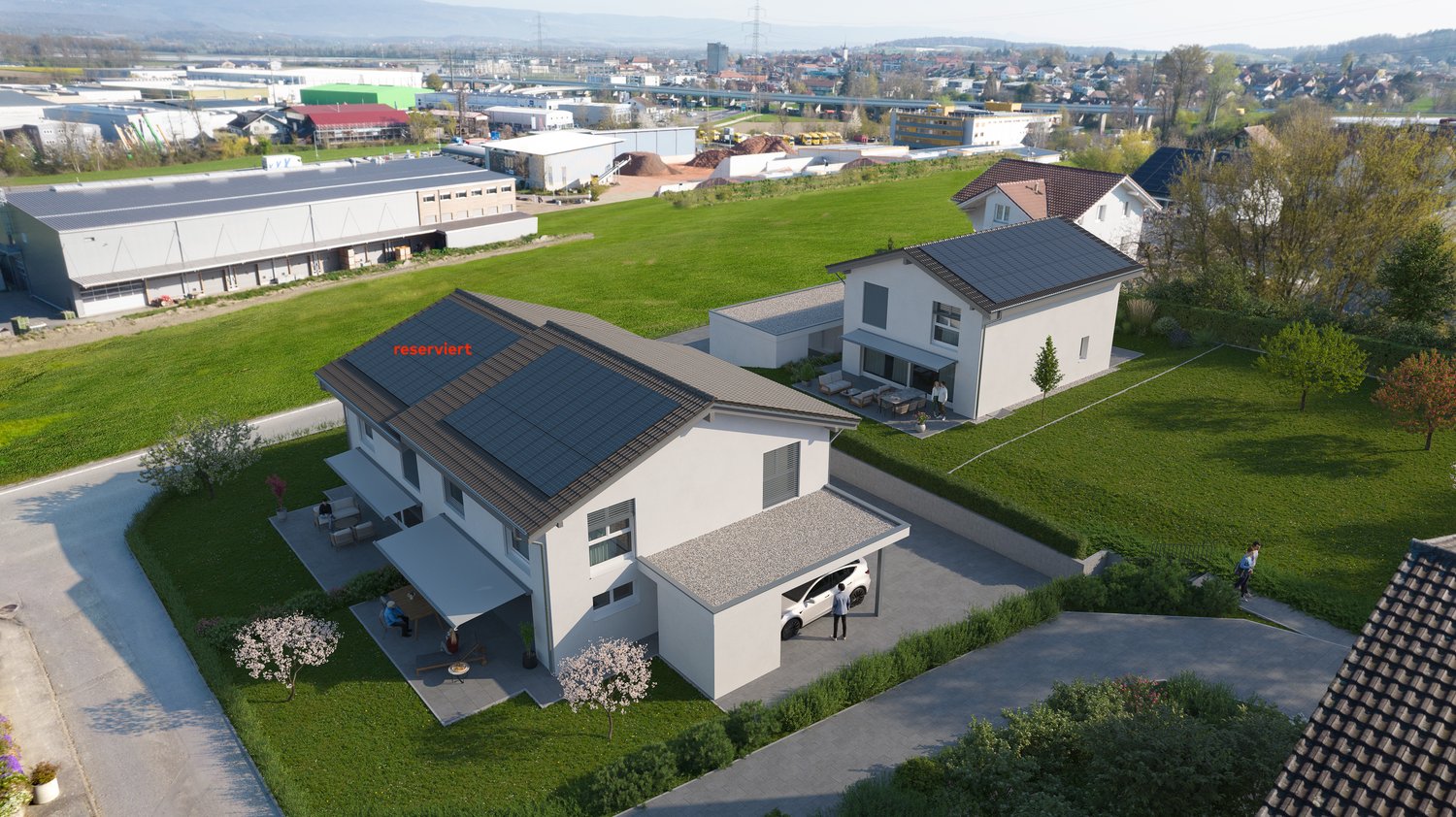 Two-story house with solar panels, a garage, outdoor seating area, garden, swimming pool, and a nearby small house.