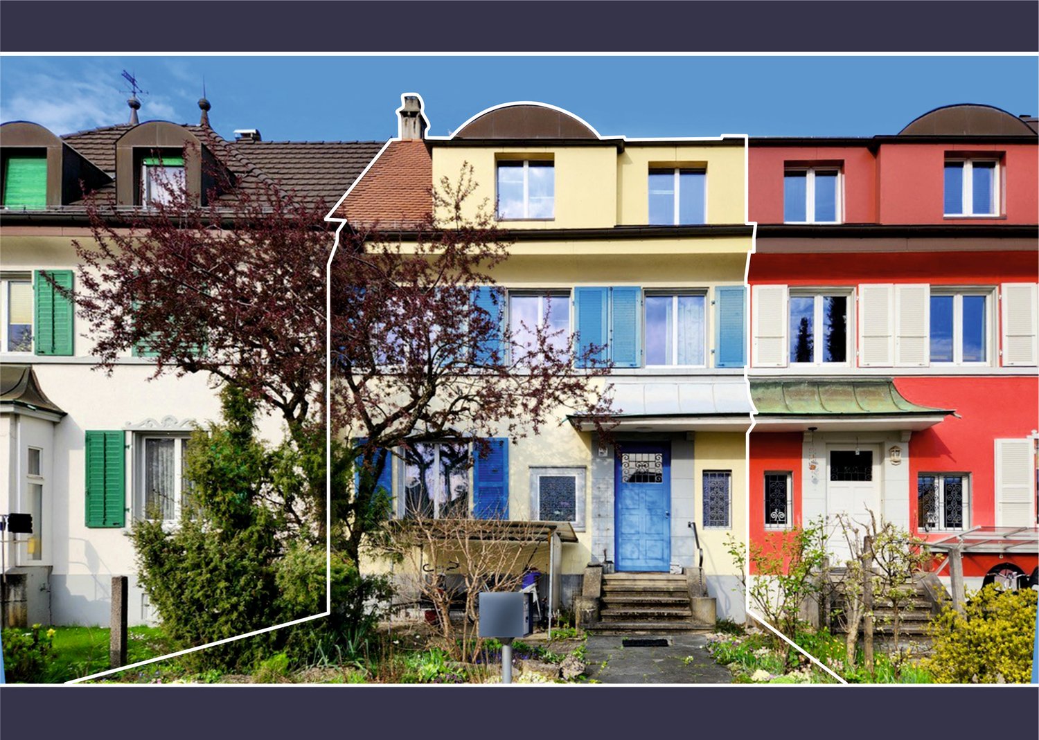 Row of houses, different colors, multiple windows, front yard with plants and trees