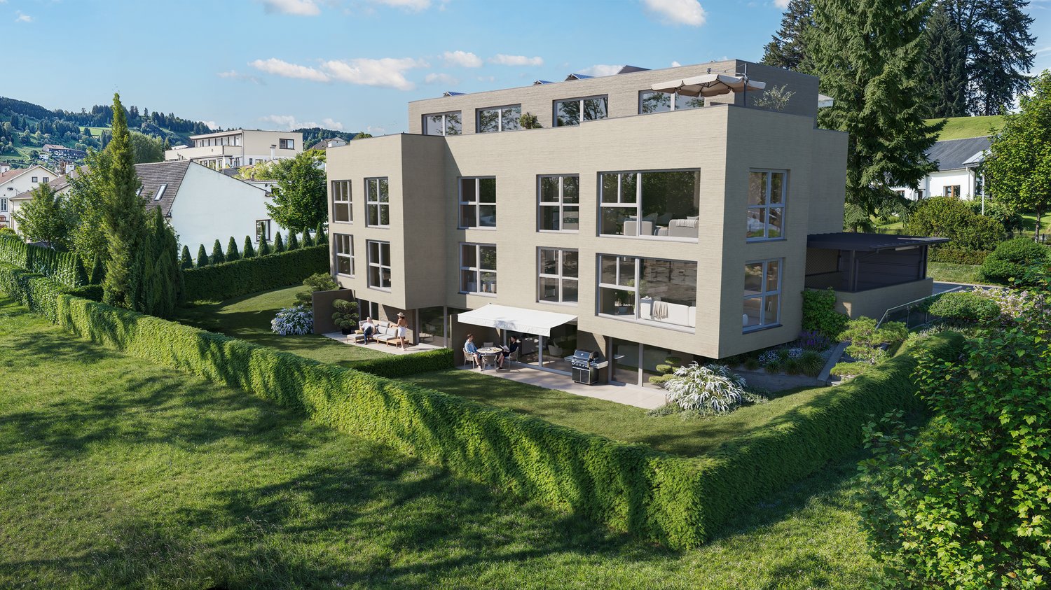 3 story residential building with 2 balconies, canopy, open terrace, garden, and outdoor furniture.