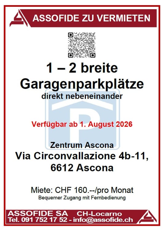 1 - 2 breite Garagenparkplätze im Zentrum von Ascona (ref. 448-999)