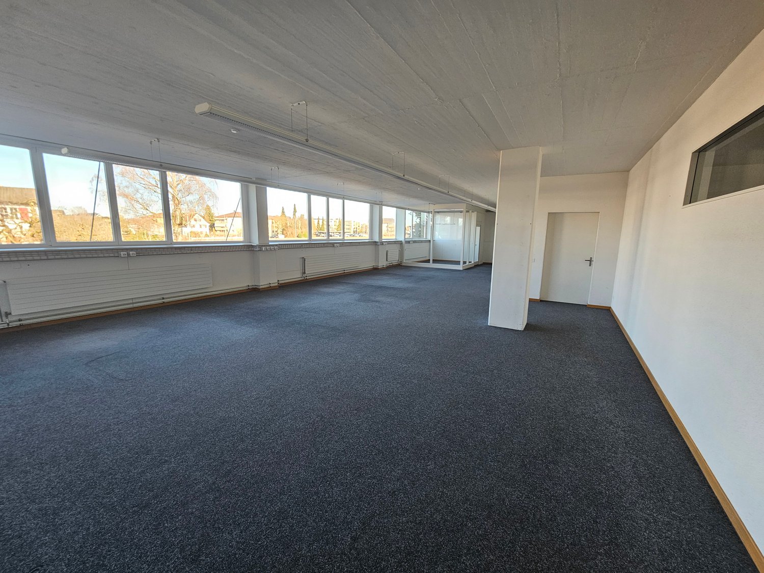 large room with glass windows, white ceiling, gray carpet, fluorescent lighting