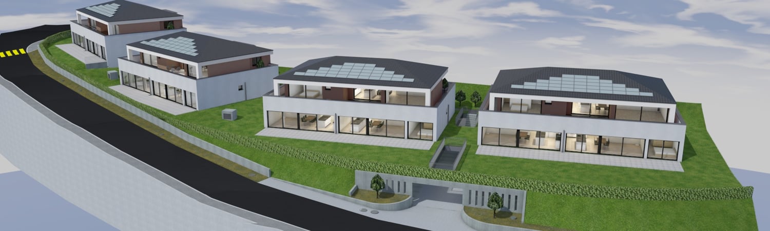 Modern 4 residential houses with solar panels, on raised ground, balcony, driveway, garden