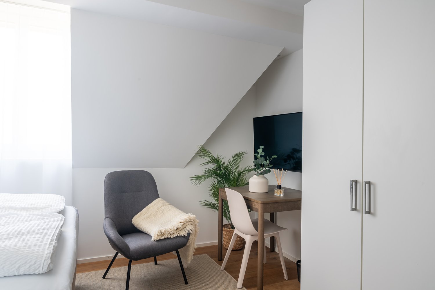 small room with bed, chair, desk, plant, and TV