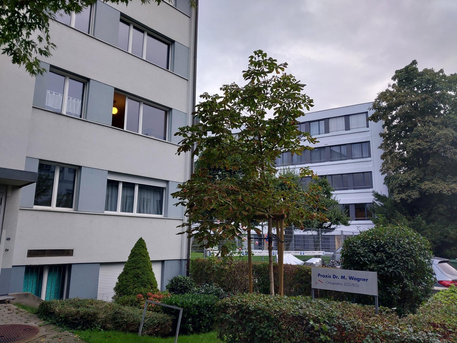 Two white buildings, glass windows, outdoor parking area, shrubs and trees.