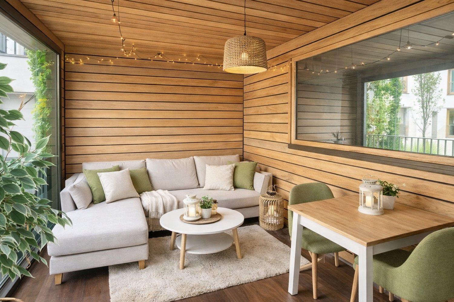 a cozy room featuring a gray L-shaped sofa, a white round coffee table, white carpet, wooden desk with green chairs, a glass window with a view of a plant and building, wooden wall with hanging string lights and a hanging lamp