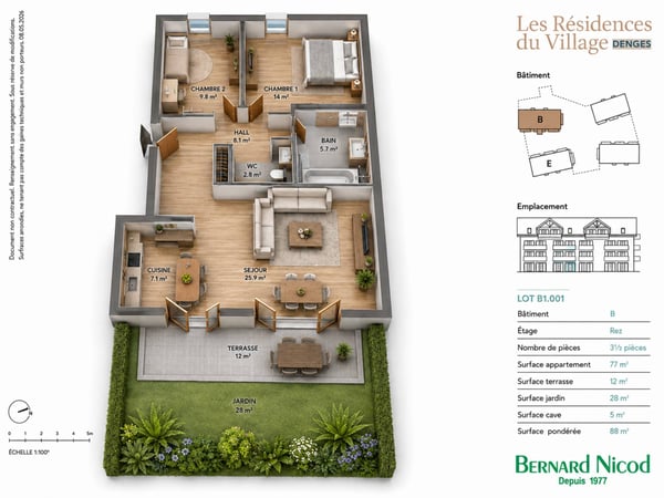 Denges - Rez-de-jardin de 3.5 pièces - 88 m² avec terrasse  de 12 m² et jardin de 28 m²