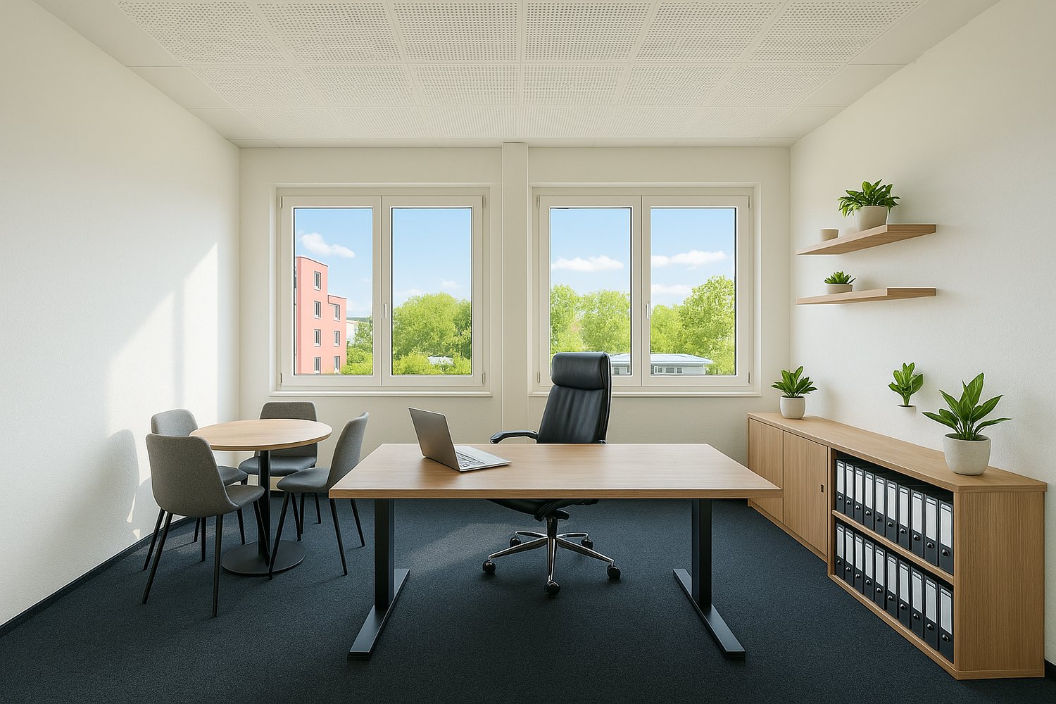 Spacious office with large windows providing a view of the surrounding greenery, a wooden desk with a laptop, chairs, and shelves with plants and office supplies.