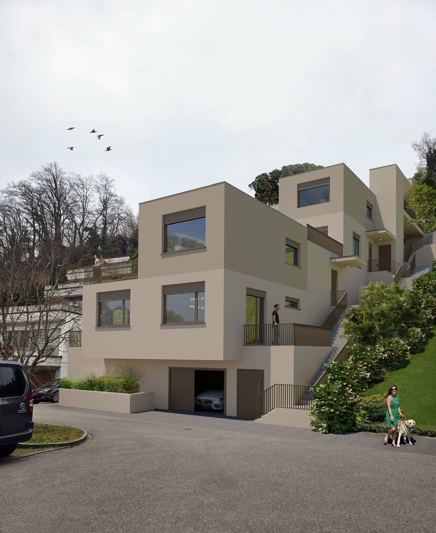 Modern multistory house with multiple balconies and garage, 3 level, beige exterior, large windows, stairs and balconies on all levels