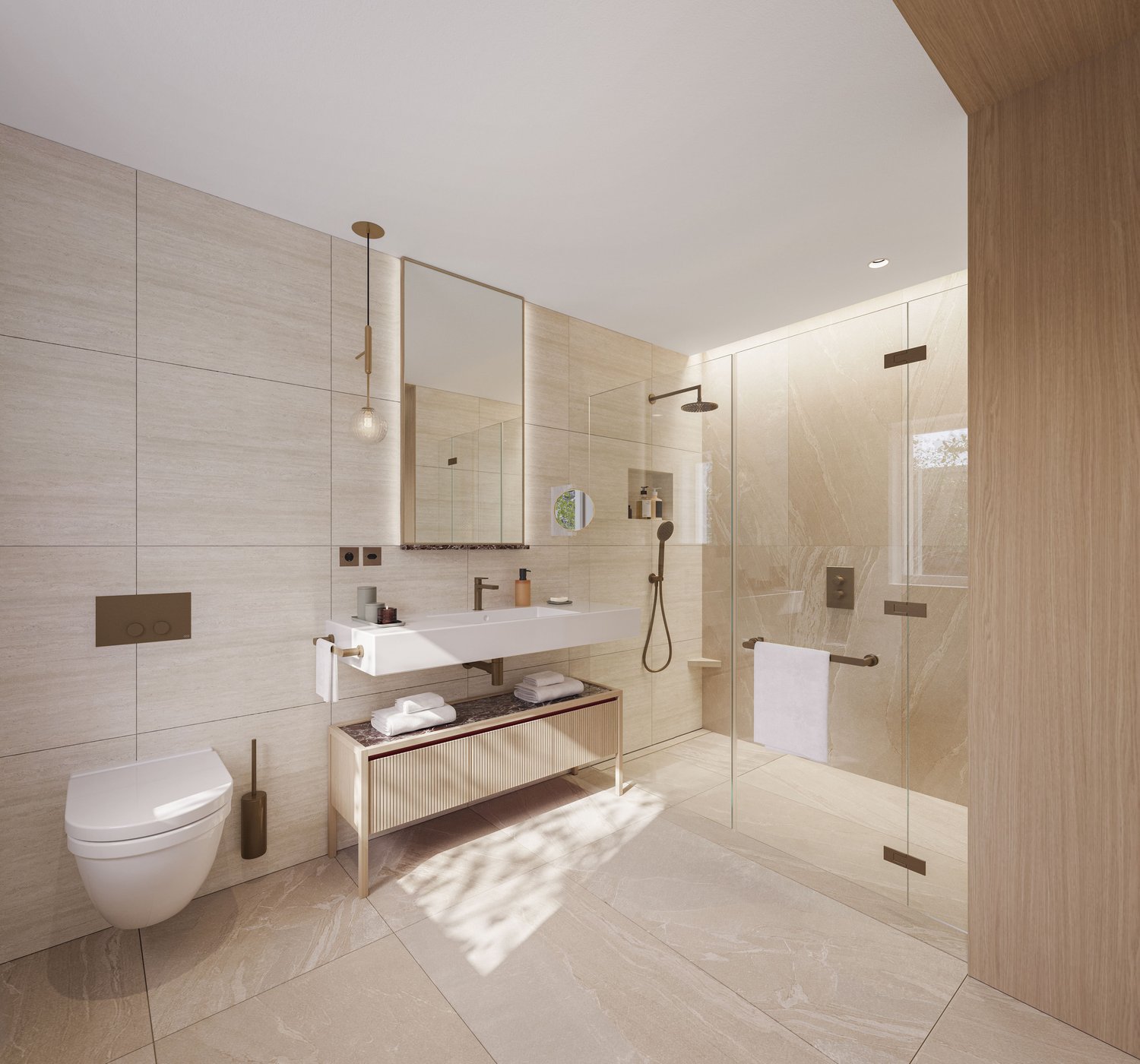 Spacious bathroom with modern design, large vanity with storage, white sink, glass shower enclosure, toilet, and warm lighting