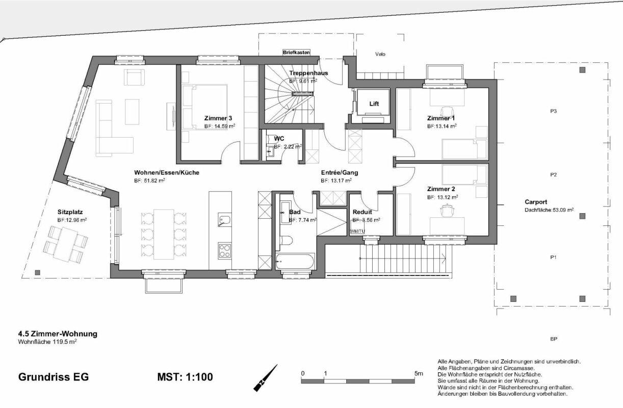 4.5 Zimmer-Wohnung mit sonnigem Garten und Carport