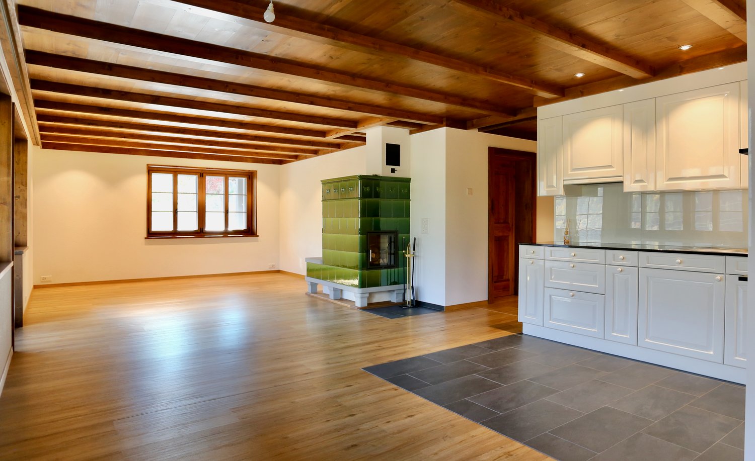 Fireplace, wooden floor, kitchen, window