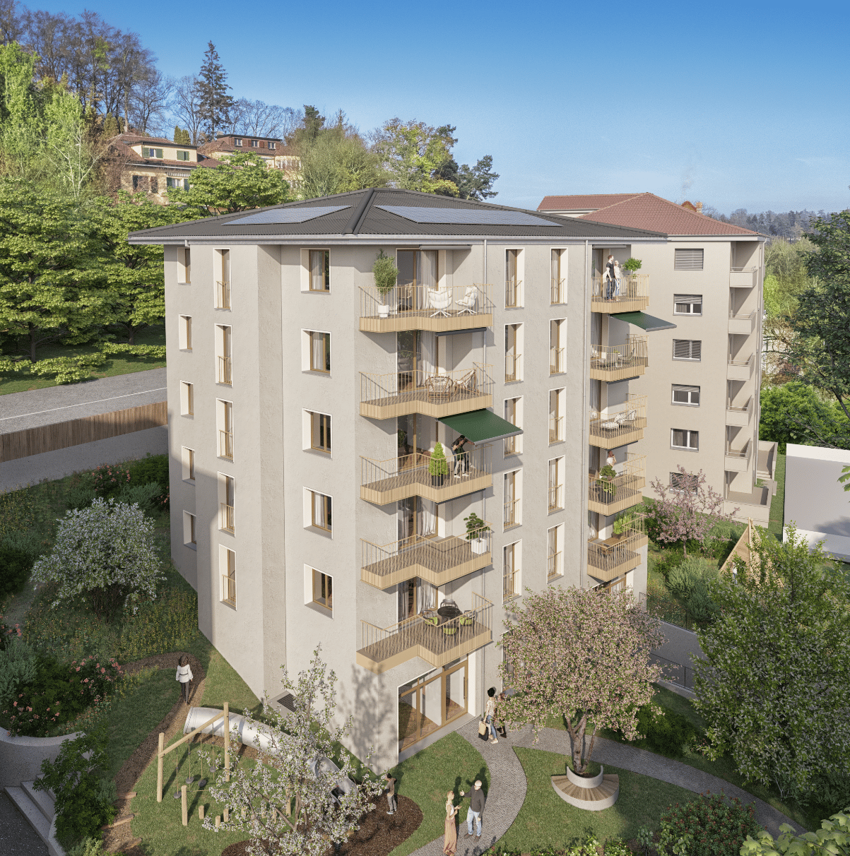 5 story building, 3 balconies on each floor, solar panels on roof, terrace, large garden, playground