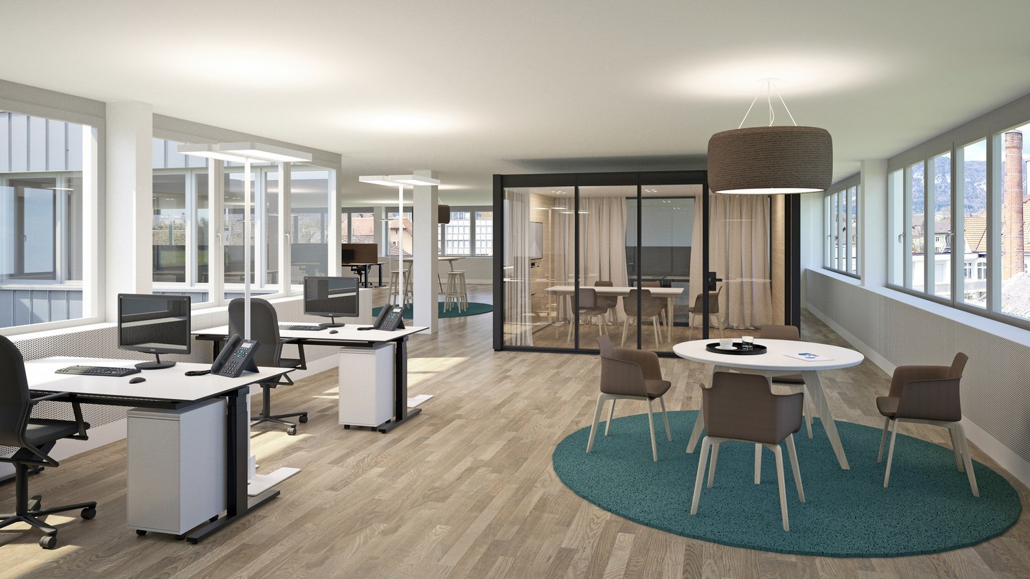 Desks, chairs, modern office interior, windows, large open space