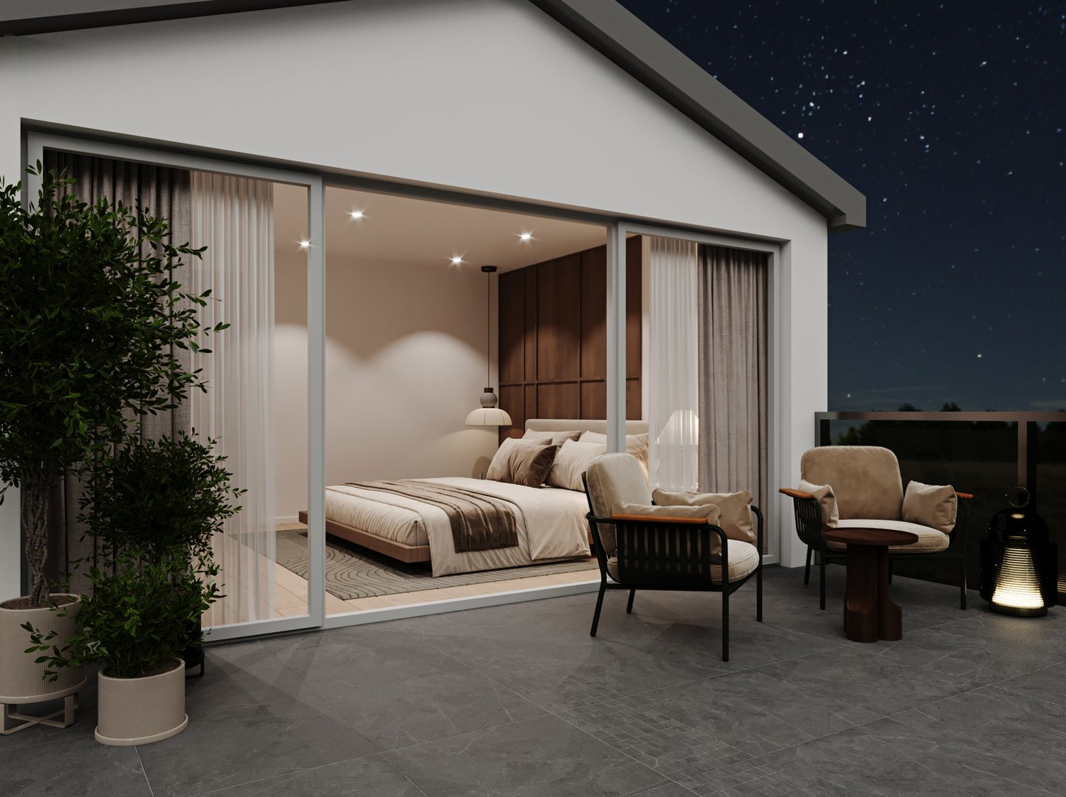 Spacious bedroom with large windows, sliding glass doors leading to a balcony or terrace, wooden accent wall, plush bedding, and comfortable seating area. The night sky is visible through the windows, creating a cozy and relaxing atmosphere.