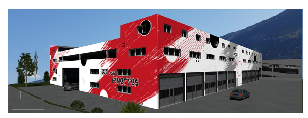Industrial building, red and white facade, multiple garages, car entrance