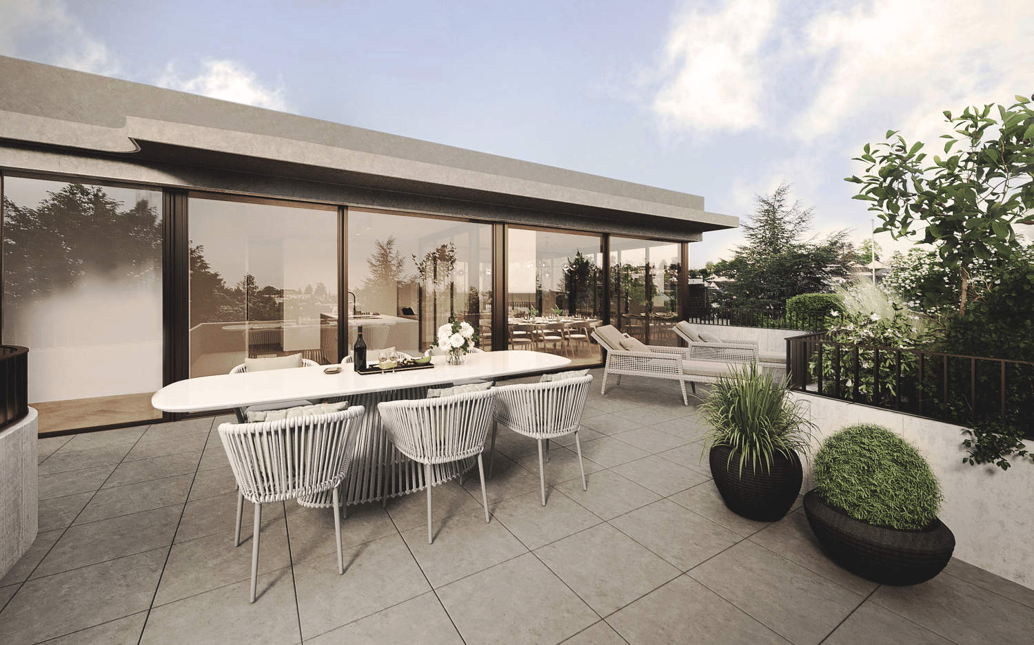 Outdoor dining table, chairs, patio, potted plants, glass walls, balcony
