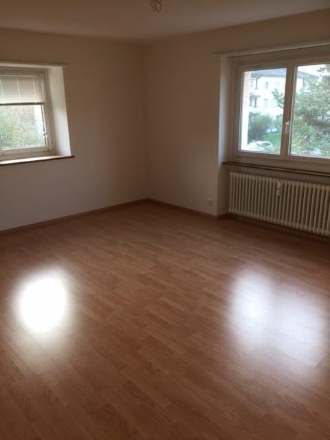 empty room, wooden floor, white walls, two windows, radiator