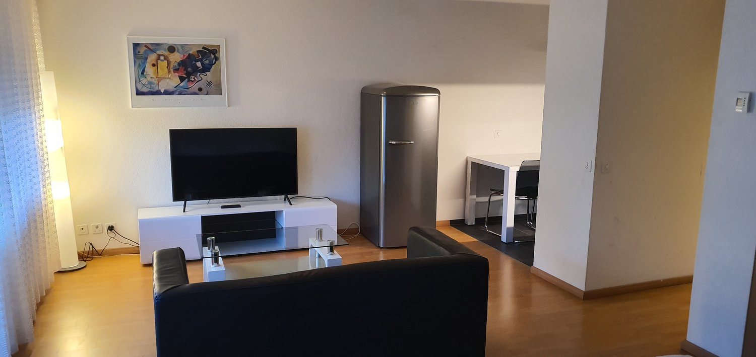 Living room with a sofa, glass table, white furniture, television, refrigerator, and a picture frame mounted on the wall.