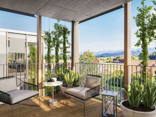 Moderne 4.5-Zi. Etagenwohnung mit gedecktem Sitzplatz und viel Sonne, zentrale Lage