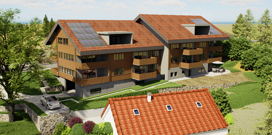 3-story apartment building with orange tile roofs, wooden exterior, balconies, and a parking space in the front