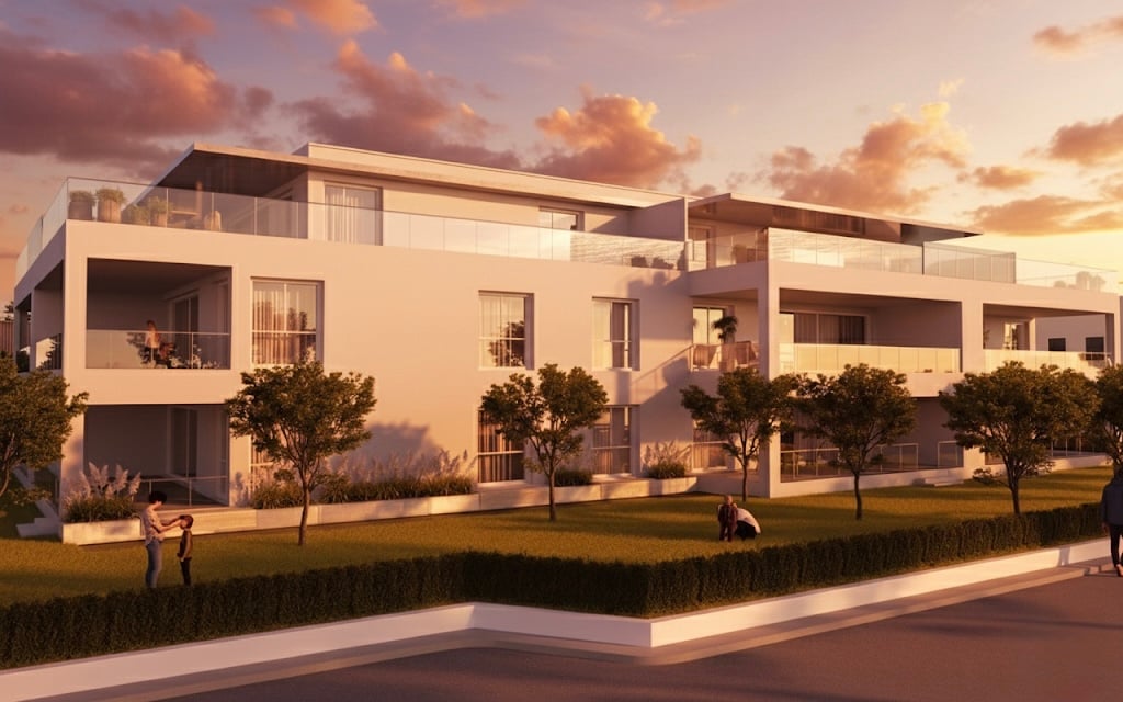 White apartment building, multiple floors, multiple terraces, greenery in front