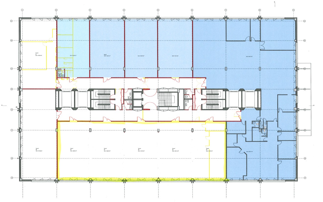 Multiple rooms, entrance, kitchen, dining area, living room, bathrooms, bedrooms, central corridor, stairwells, yellow highlights indicating electrical paths, blue highlighting indicating mechanical areas