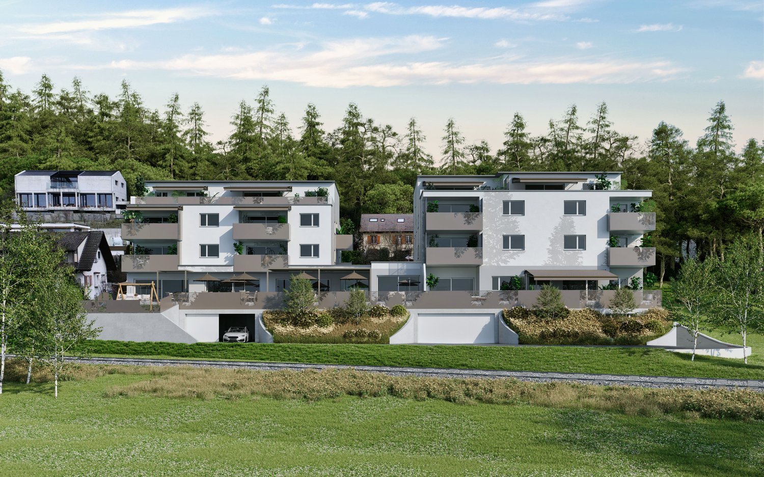 Multi-story apartment building with balconies, garages, and parking spaces, surrounded by green trees and landscaping