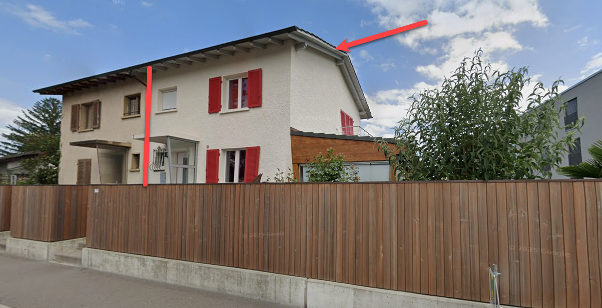 two story house, white exterior, red shutters, wooden fencing, roof terrace, raised ground floor