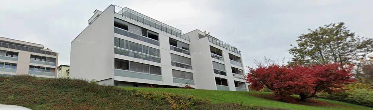 large apartment building, white exterior, many windows, elevated ground floor, shrubs, trees