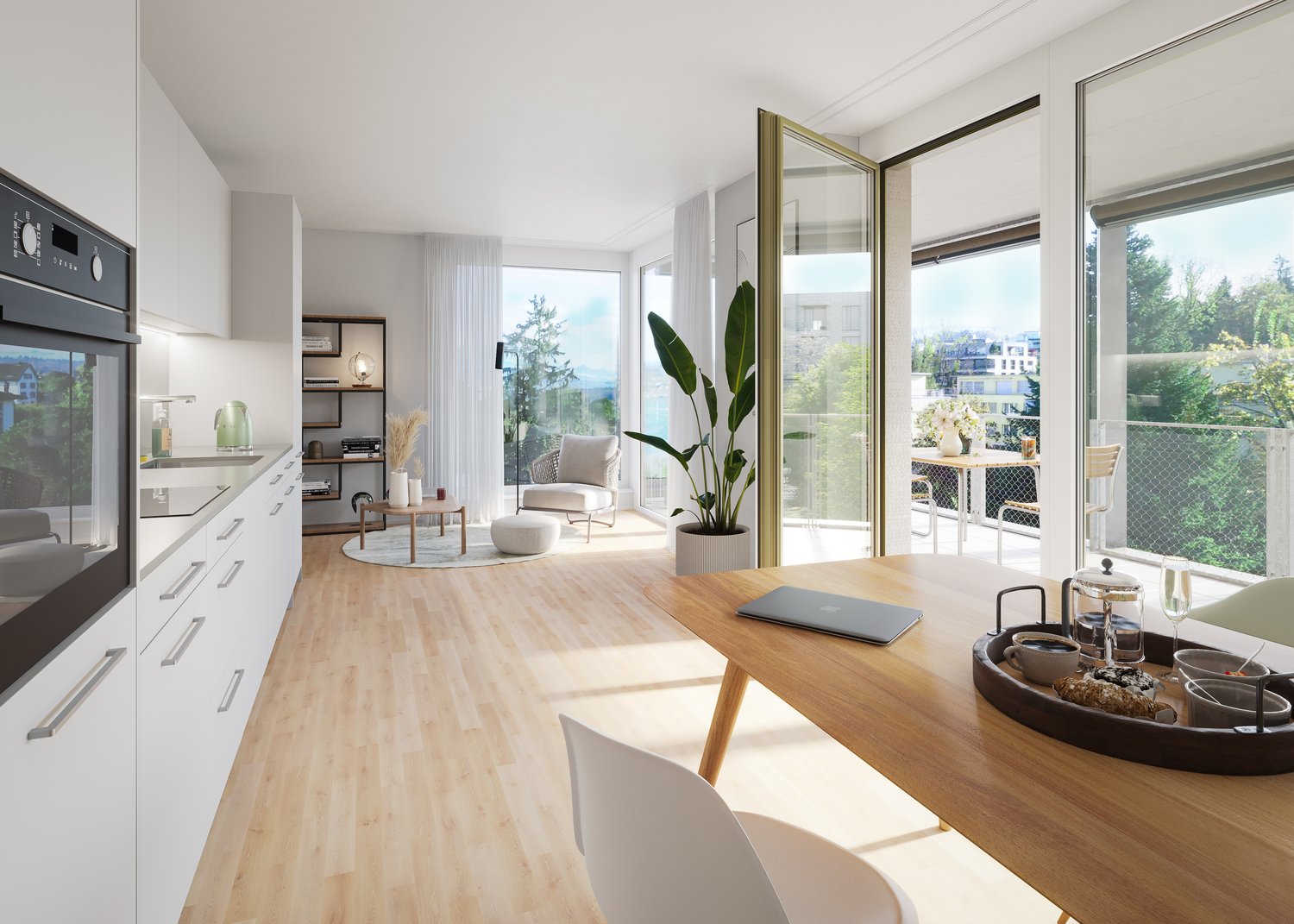 Modern kitchen and living area, white cabinets, wooden floors, large windows leading to balcony, dining table with snacks, plant, comfortable seating.