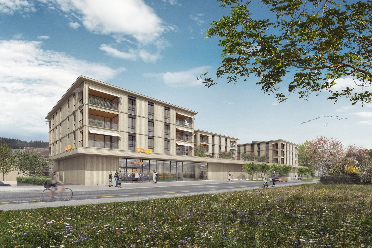 Residential building with a ground floor commercial area, multiple balconies, modern architecture, surrounded by greenery