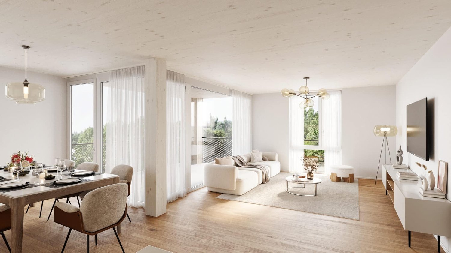 white walls, white flooring, large windows, dining table with chairs, sofa, TV, table lamp