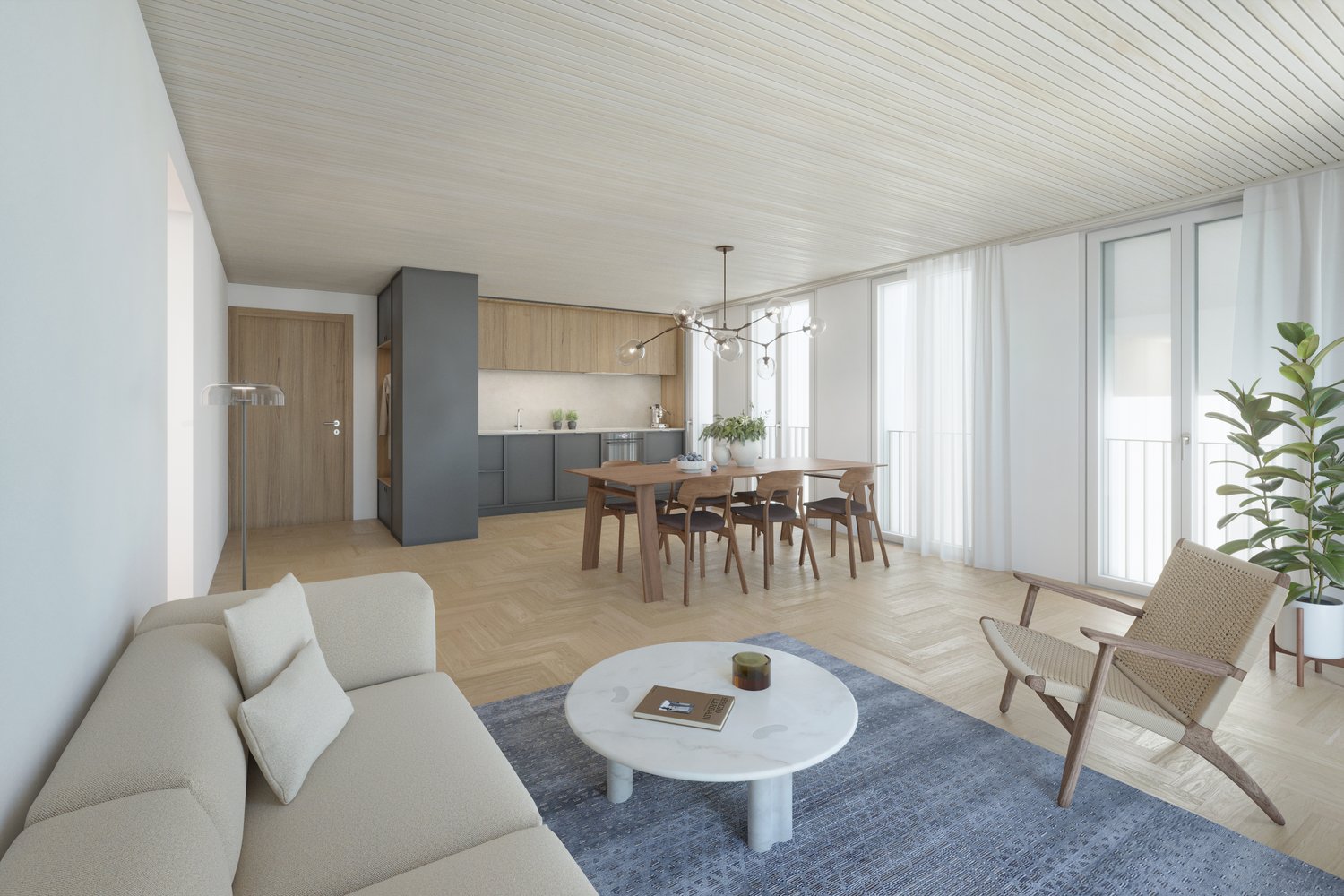 large white couch, white coffee table, wooden dining table, grey kitchen cabinets, chandelier, wooden chair